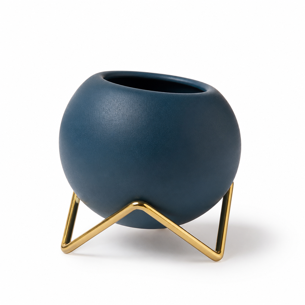 Vibrant Abstract Ceramic Planter Pot with Galvanized Steel Stand