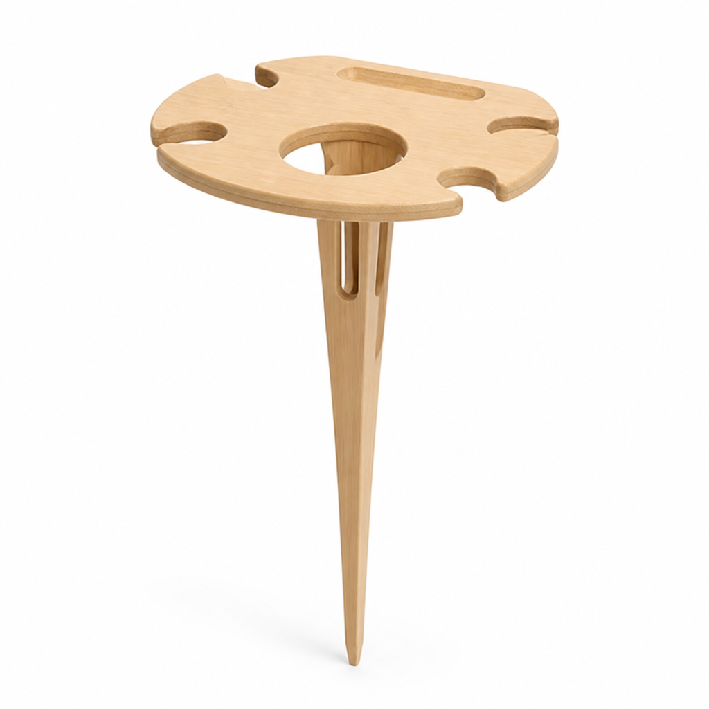 Portable Outdoor Wine and Snack Table (Ground-Spike Base, Wood Top with Glass Cutouts and Bottle Ring)
