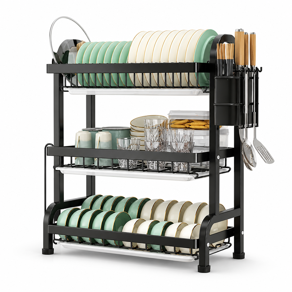Space-Saving Vertical Metal Dish Rack (3-Tier, Adjustable Shelves)