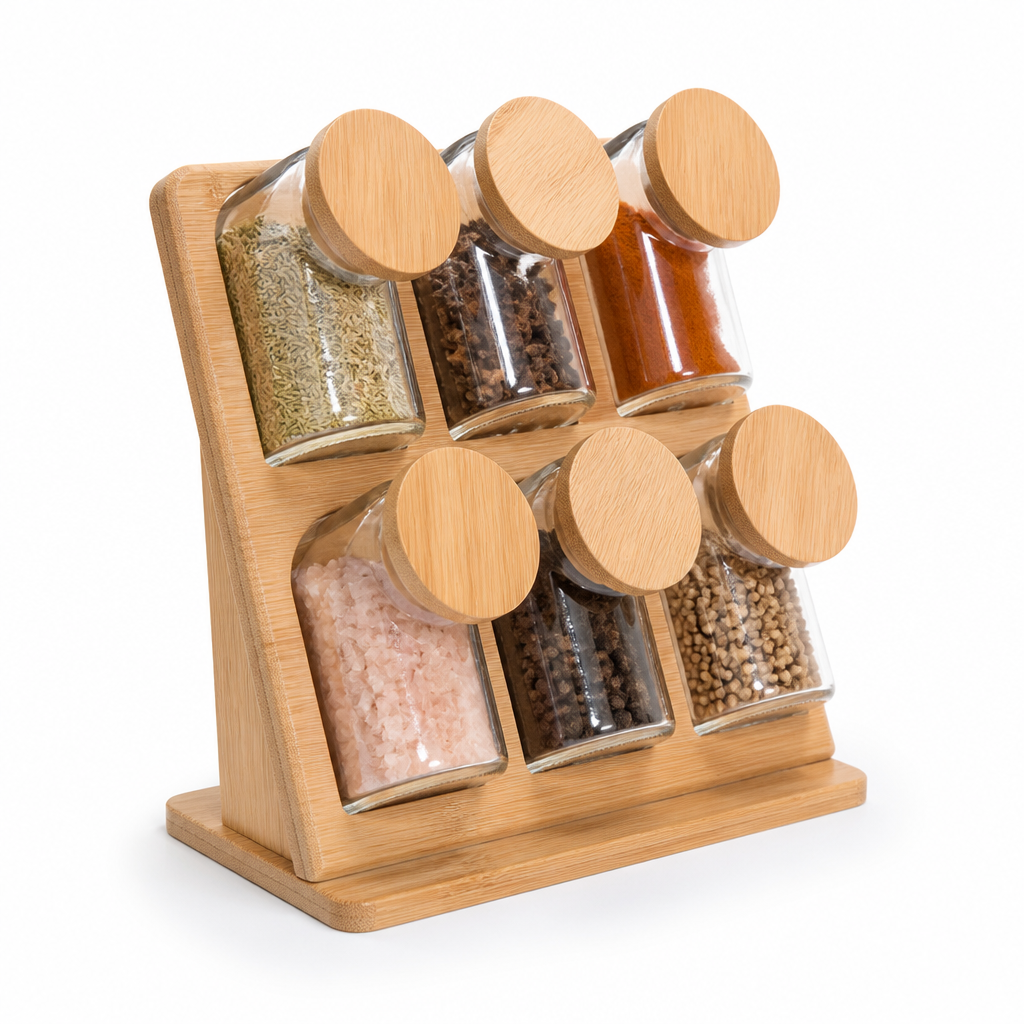 Slanted Wooden Stand Glass Spice Jar Set (Set of 6)