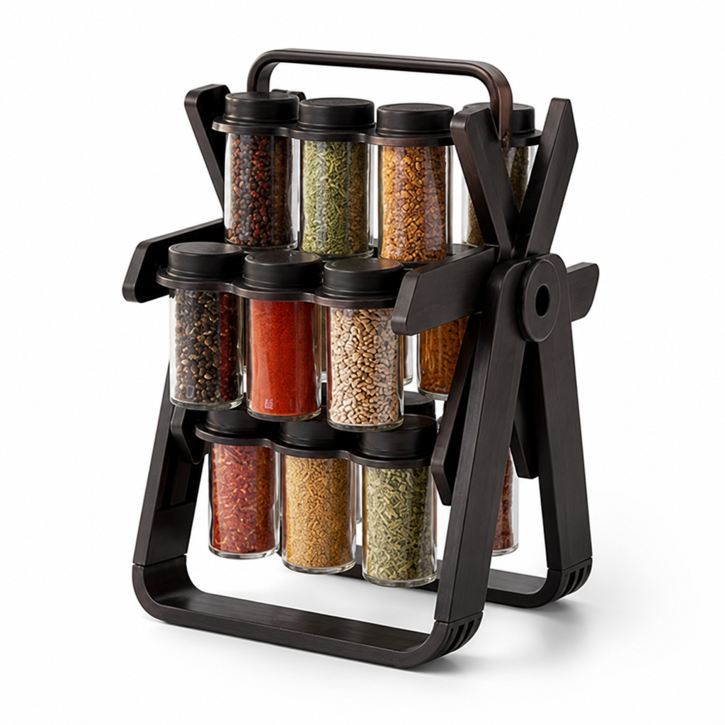 Foldable Rotating Spice Organizer with Glass Jars
