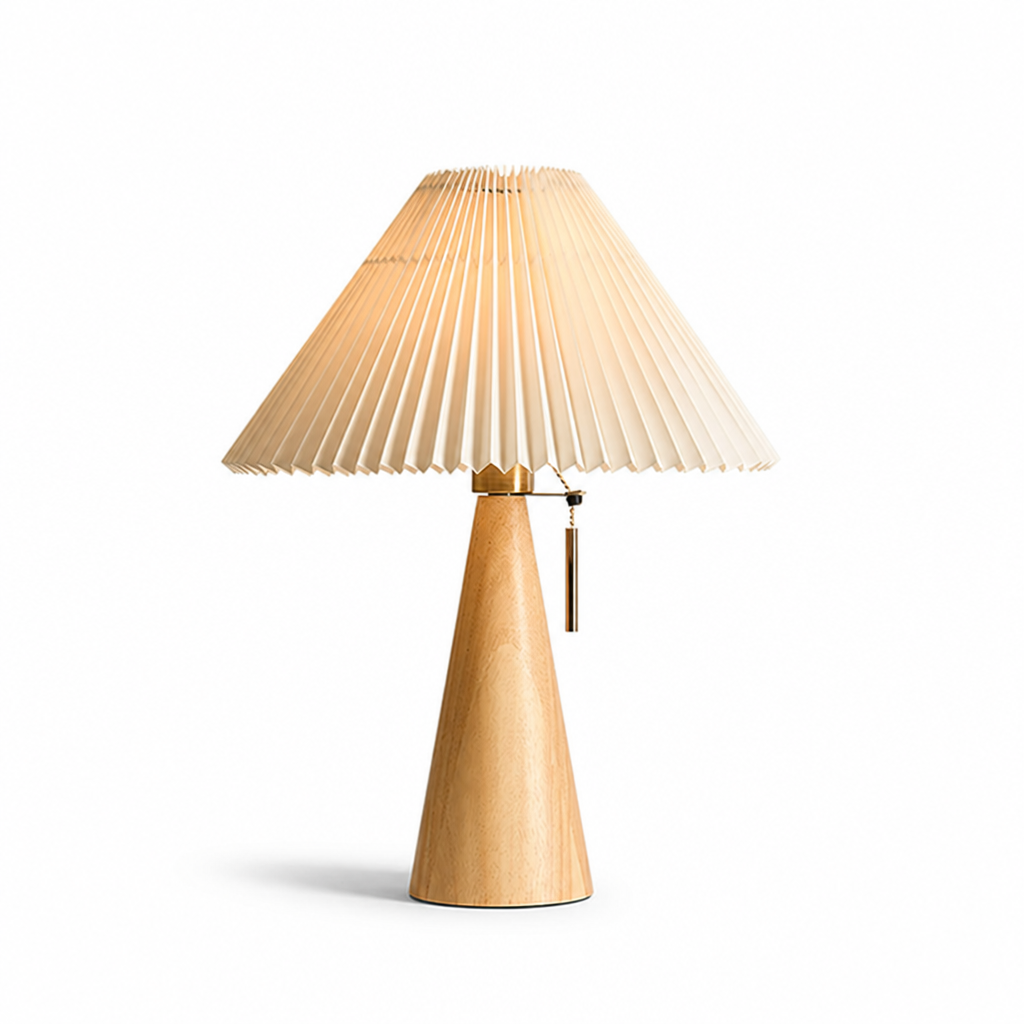 Pleated Fabric Shade & Conical Wood Base Table Lamp (Diameter 40cm x Height 50cm)