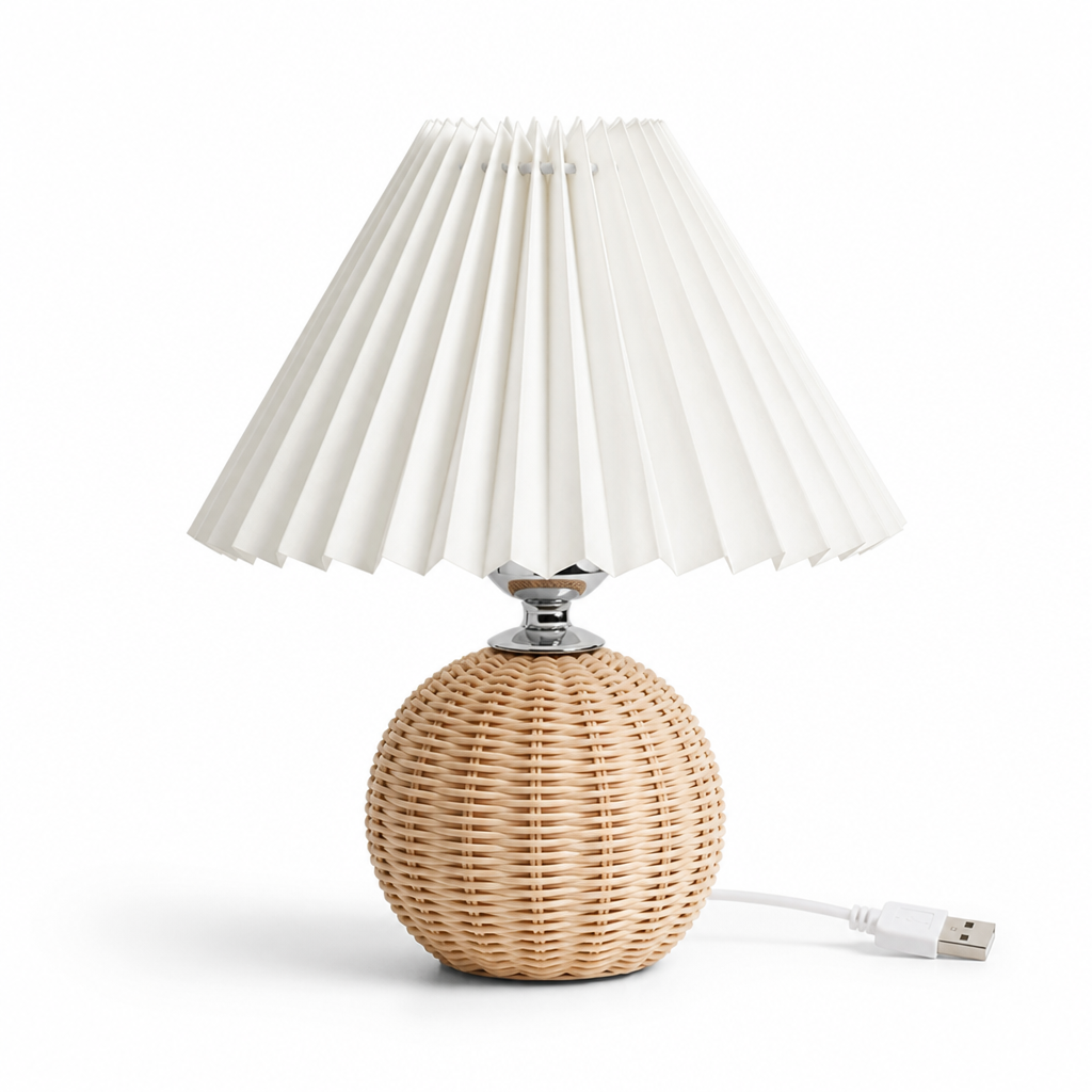 Pleated Fabric Shade & Rattan Base Table Lamp (USB Plug-In)
