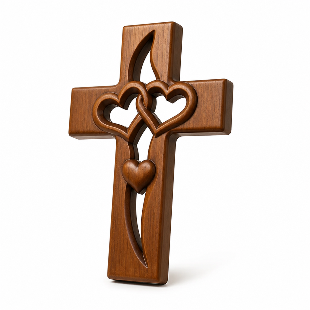 Handcrafted Wood Wall Cross with Intertwined Hearts (Ready-to-Hang)