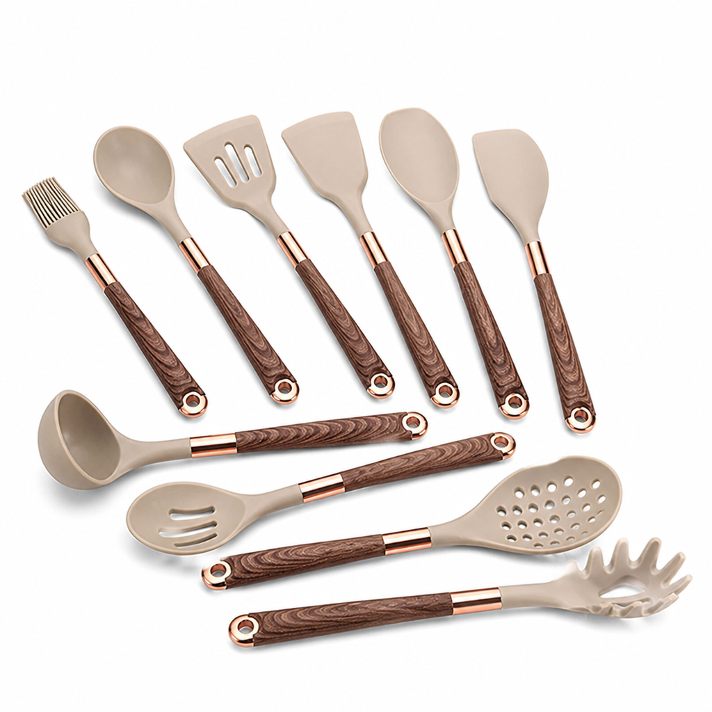 Silicone-Head Utensil Set with Wood & Copper Handles