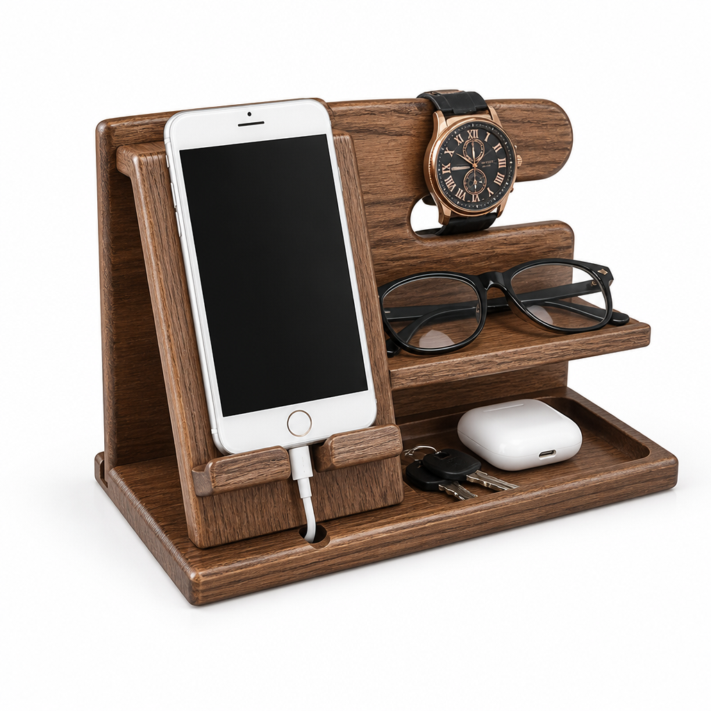 Solid Wood Phone Stand & Watch Dock Desk Organizer (Glasses Tray)