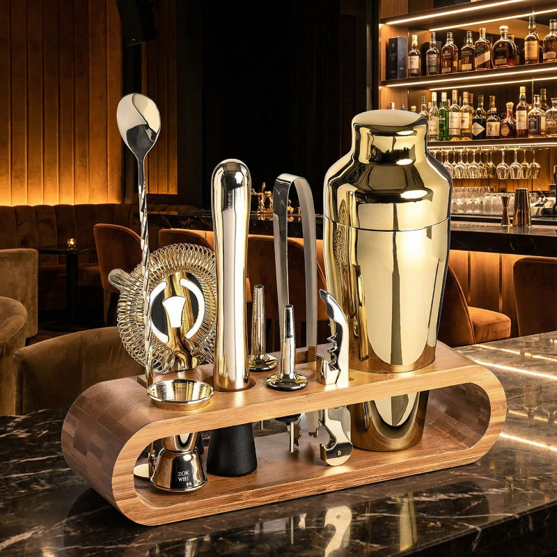 Deluxe 10-Piece Bartender Tool Kit with Stylish Bamboo Stand