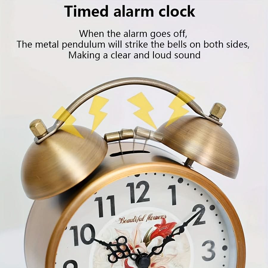 Nordic Charm - Vintage Twin Bell Alarm Clock with Glow-In-The-Dark Hands