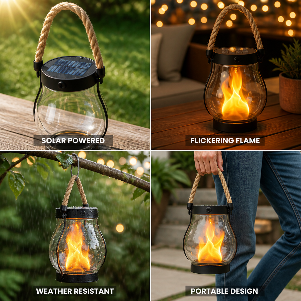 Outdoor Solar Flickering Flame & Hanging Loop Lantern