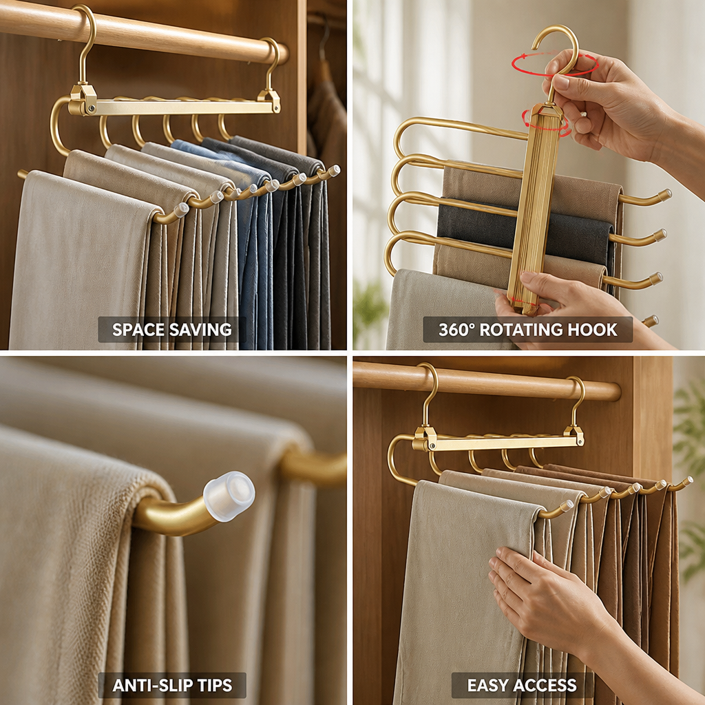 Space-Saving Aluminum Pants Organizer (6-Tier, 360° Rotating Hook)