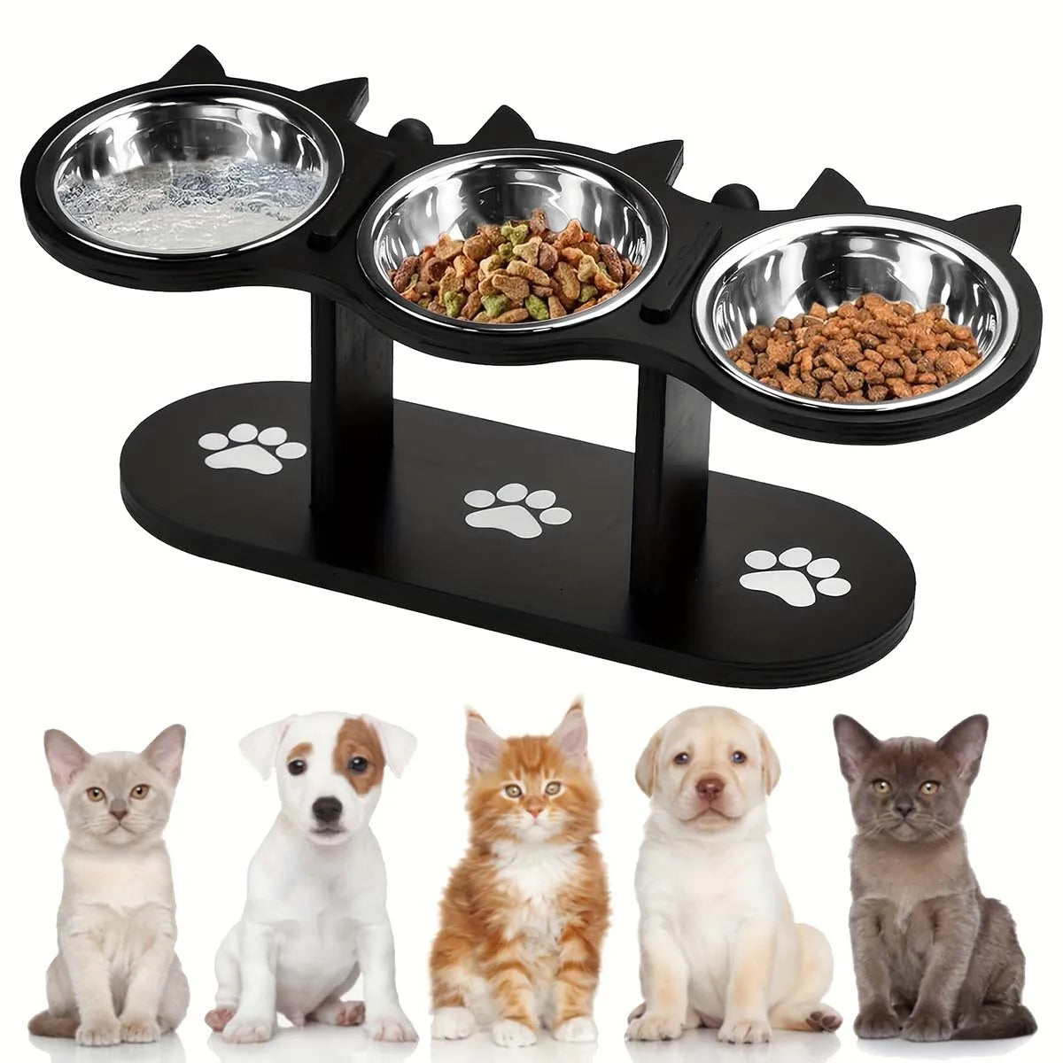 Elevated Pet Feeder with 3 Stainless Steel Bowls