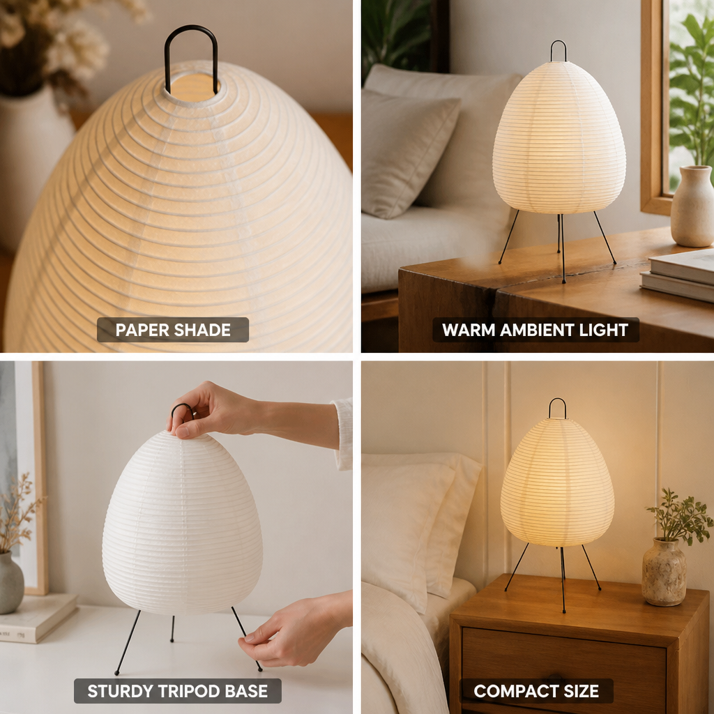 Japanese Paper Shade Table Lamp with Metal Tripod Base (LED)