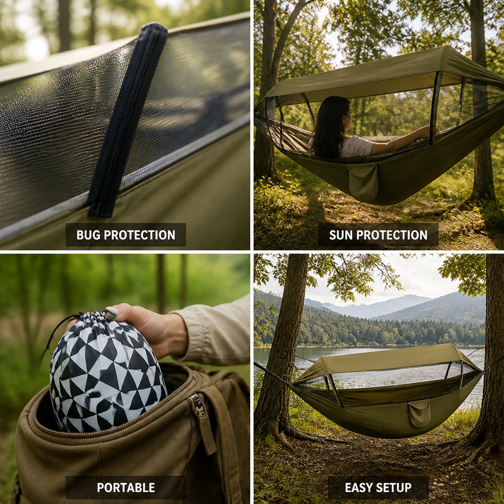 Integrated Mosquito Net & Built-In Sunshade Camping Hammock