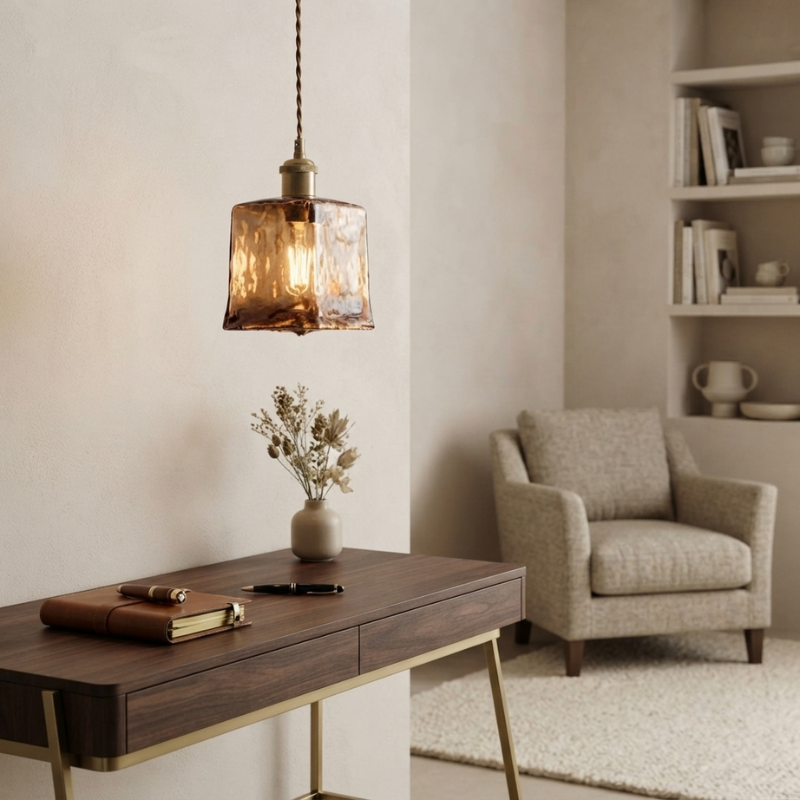 Elegant Square Ceiling Light Fixture with Amber Glass Shade
