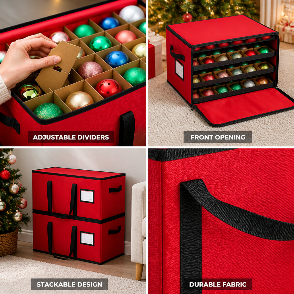 Stackable Front-Opening Ornament Storage Box (Adjustable Dividers)