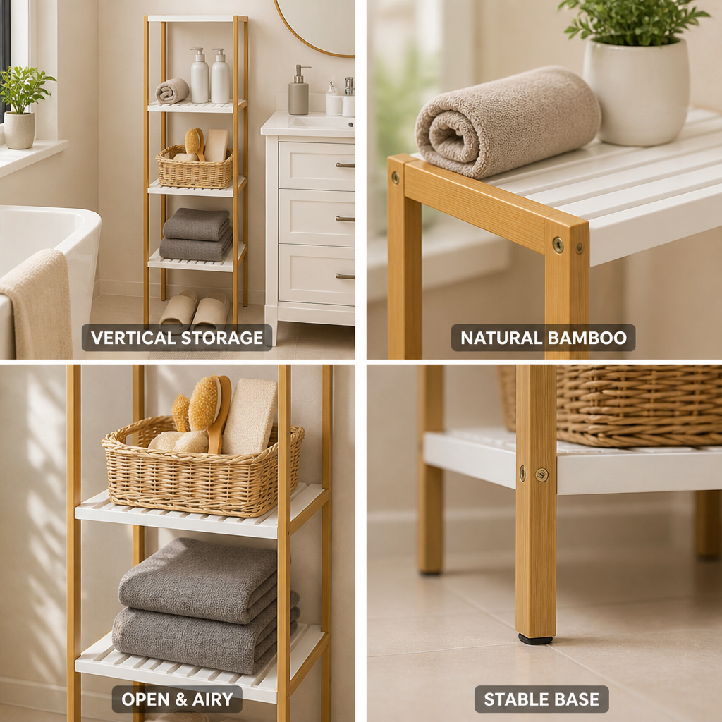 Vertical Bamboo Bathroom Organizer (4-Shelf)