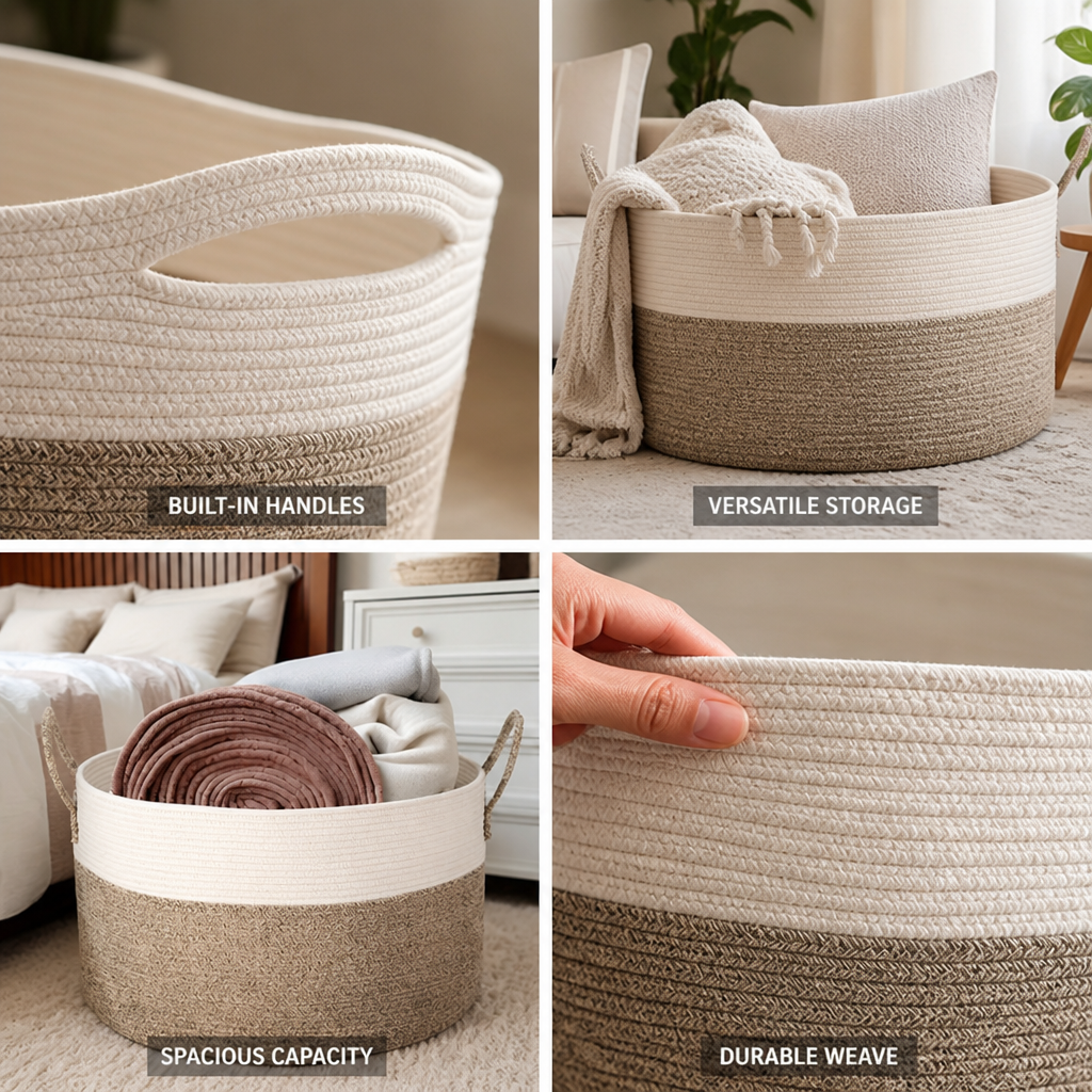 Round Woven Polyester Storage Basket (Built-In Handles)