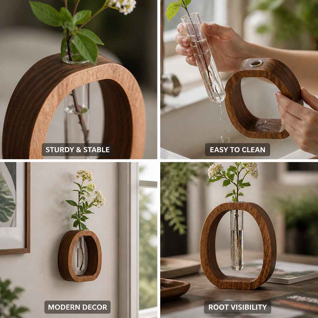 Wood & Glass Wall Vase (Detachable Tube)