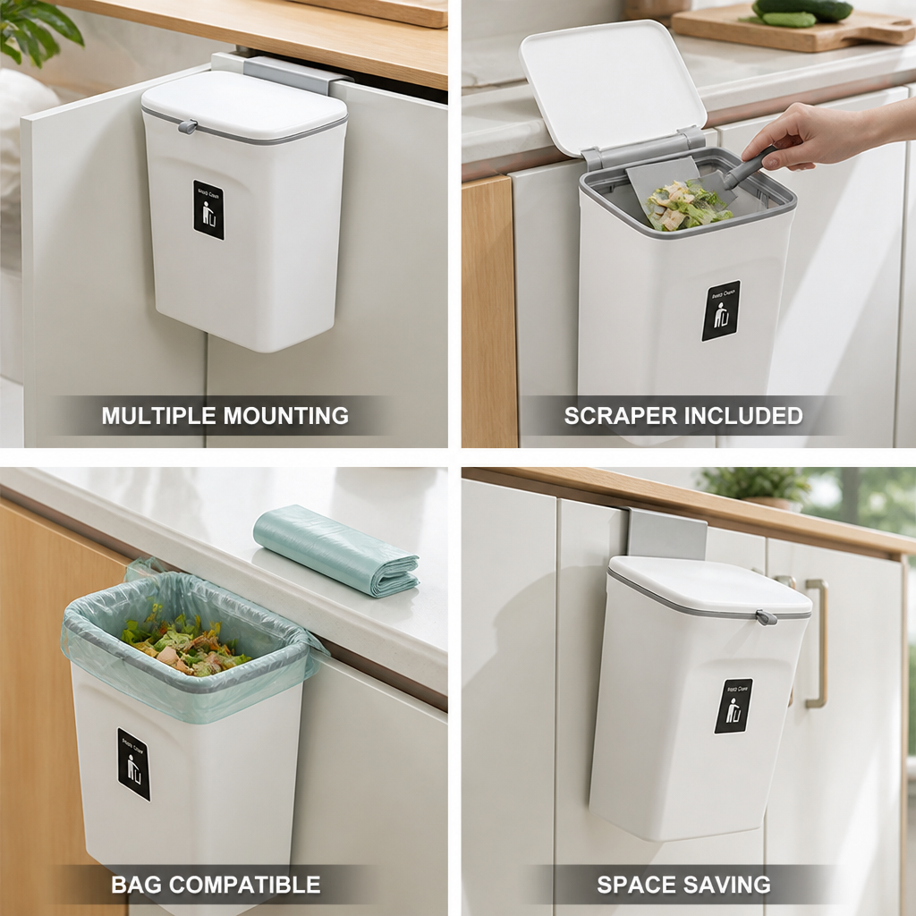 Lidded Over-the-Door & Adhesive-Mount Kitchen Waste Collector (Includes Scraper & Bags)