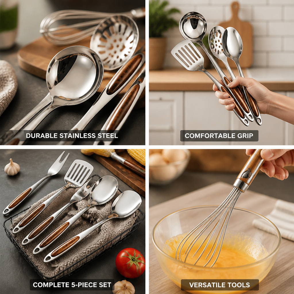 Stainless Steel Heads & Molded Handles Utensil Set (5-Piece)