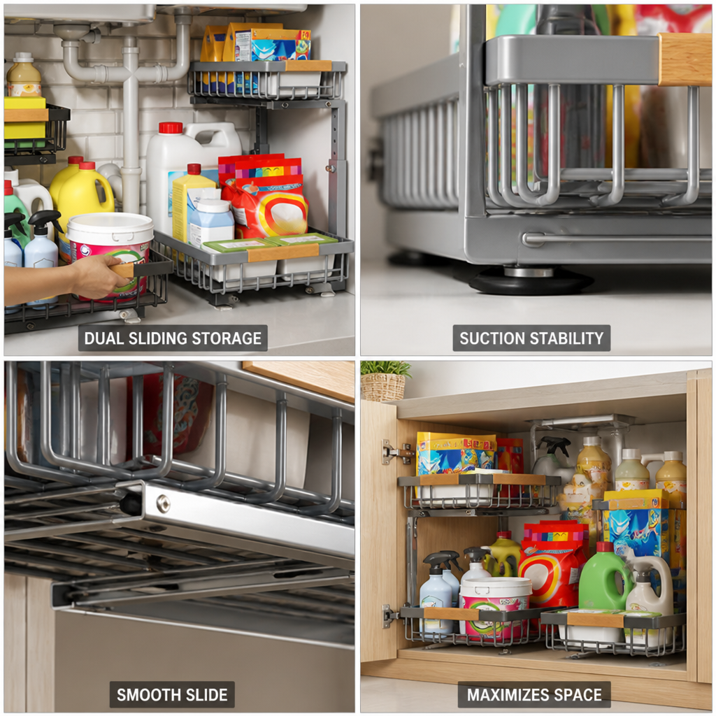 Under-Cabinet Dual Sliding Metal Organizer (Suction-Base)