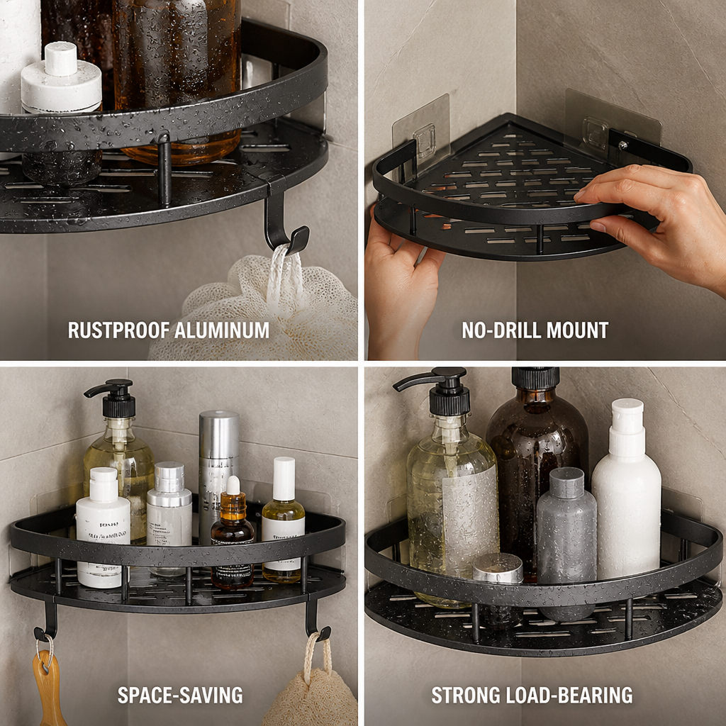 Rustproof Aluminum Shower Organizer with No-Drill Adhesive Mount (110-lb Capacity)