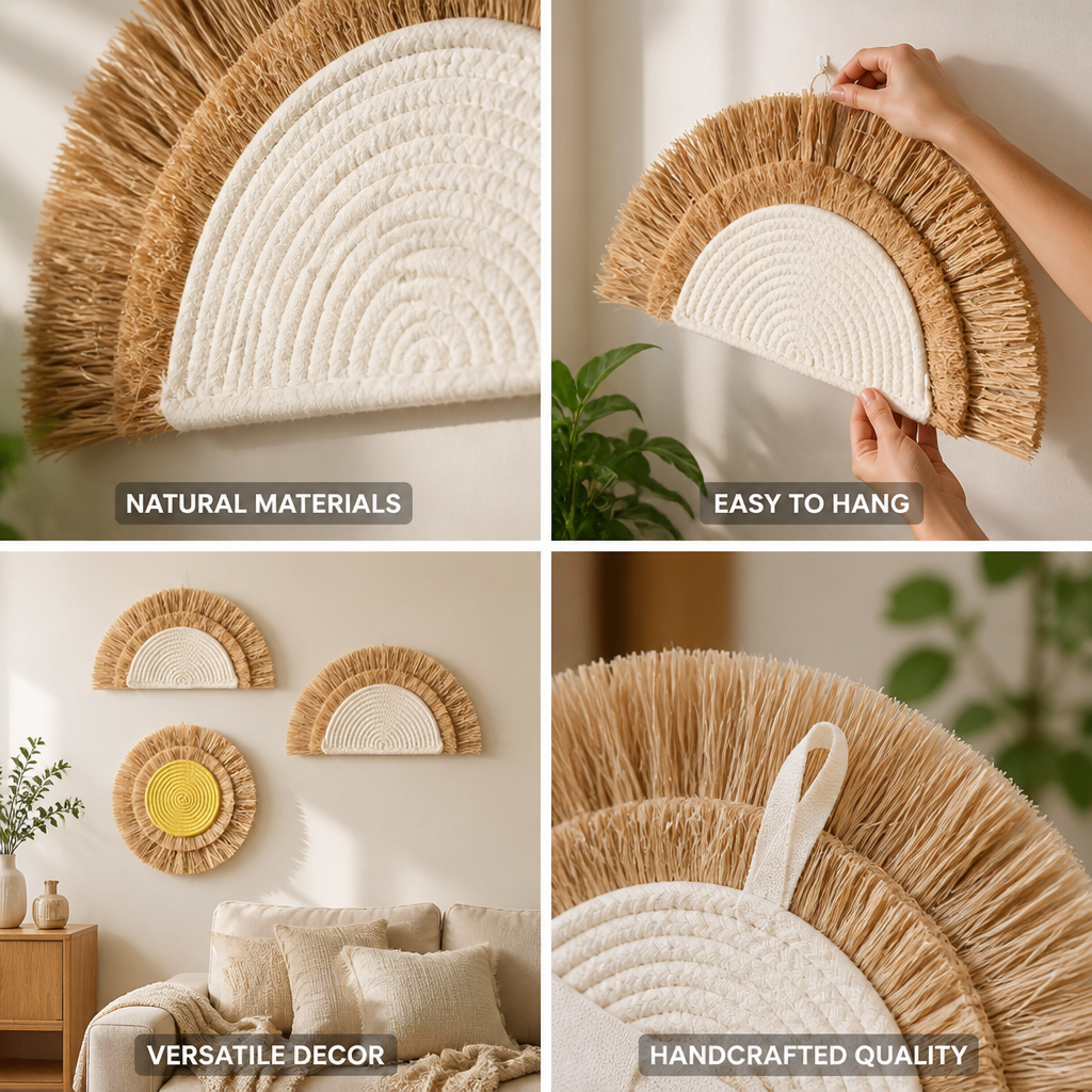 Handwoven Natural Straw & Cotton Wall Hanging