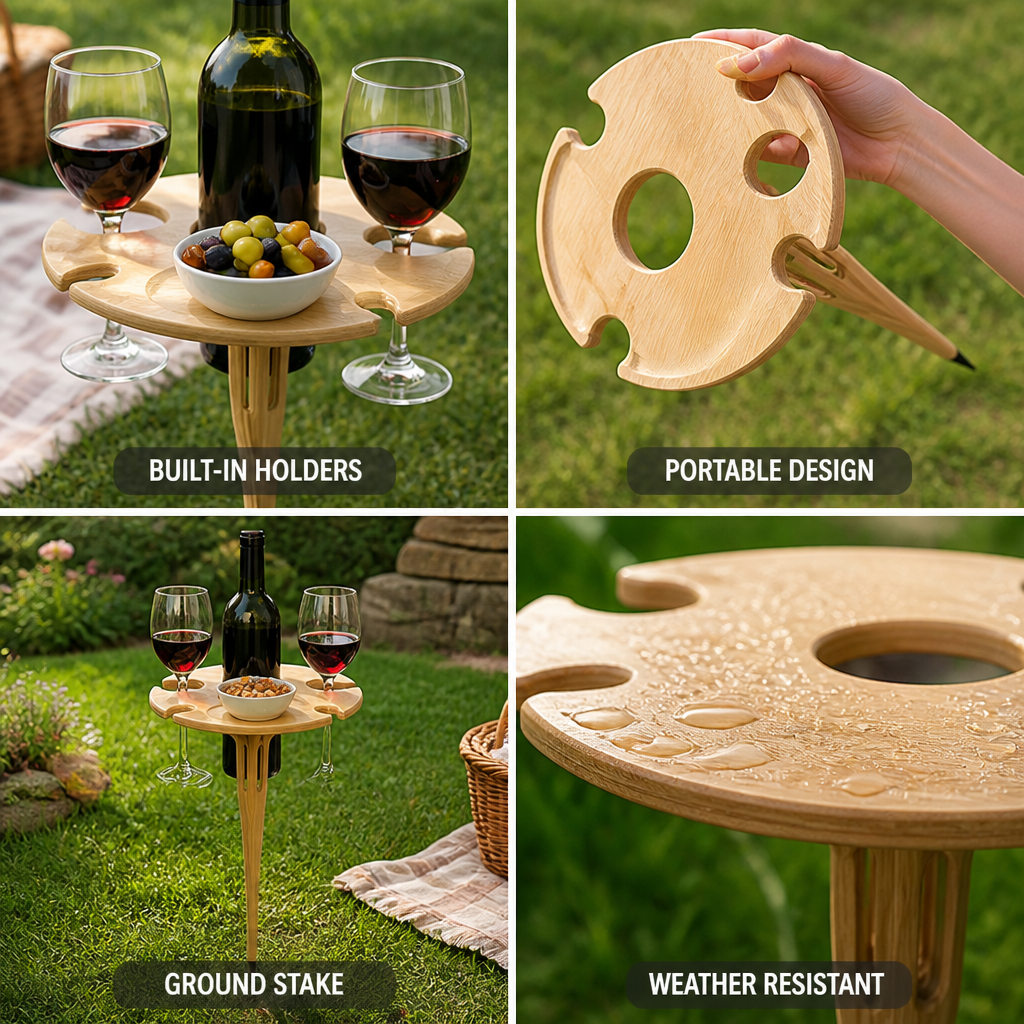 Portable Outdoor Wine and Snack Table (Ground-Spike Base, Wood Top with Glass Cutouts and Bottle Ring)