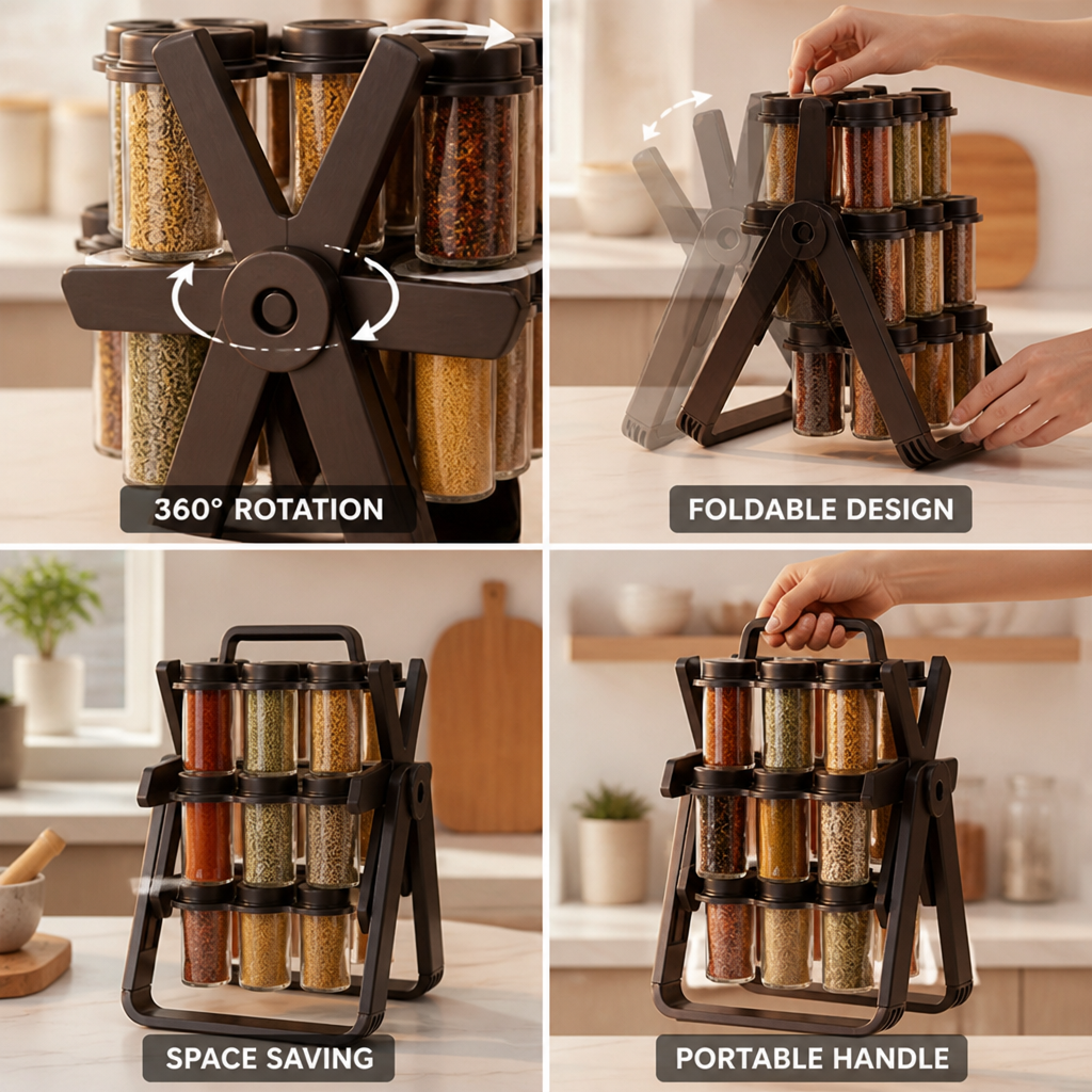 Foldable Rotating Spice Organizer with Glass Jars