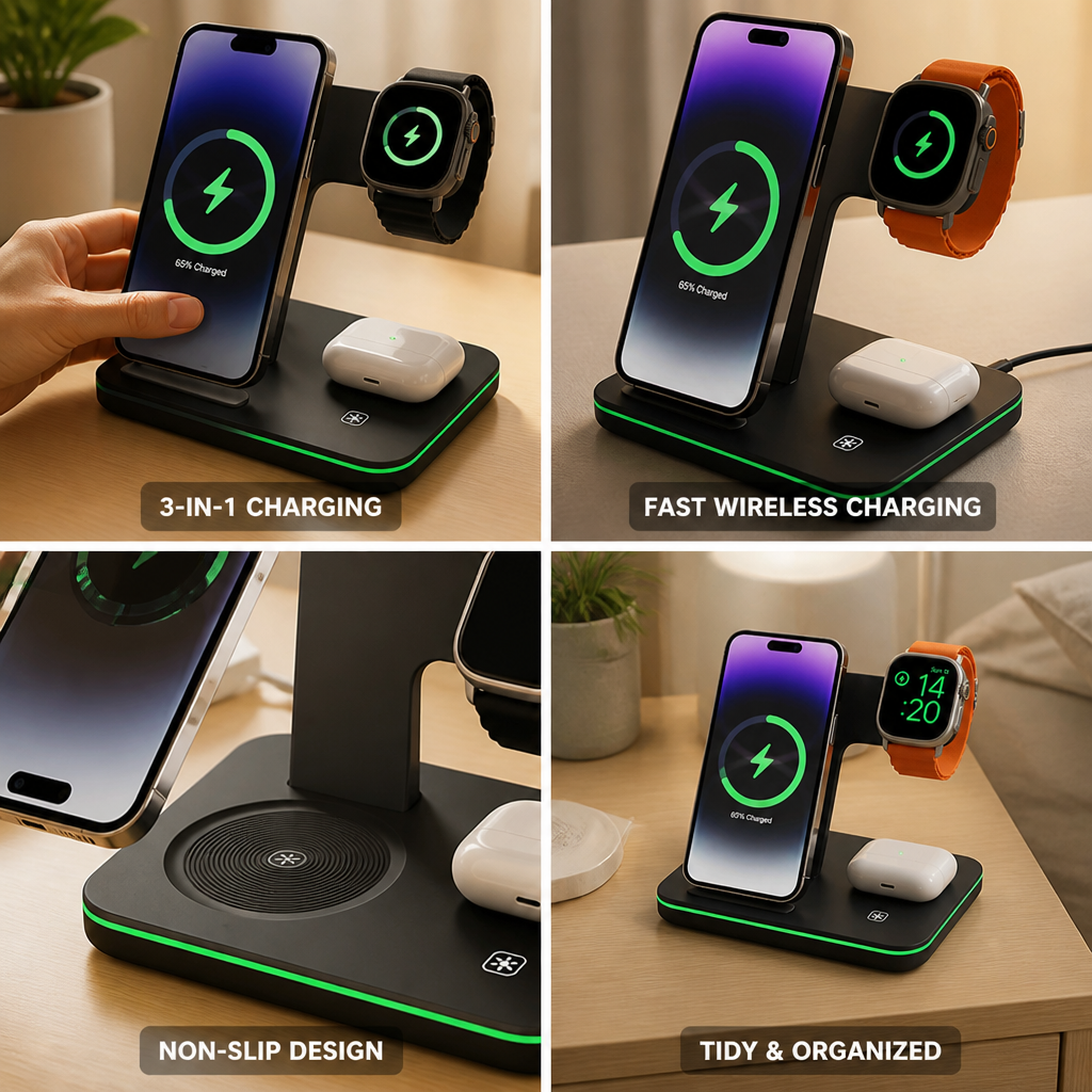 Multi-Device Charging Station (Phone, Smartwatch & Earbuds, 3-in-1)