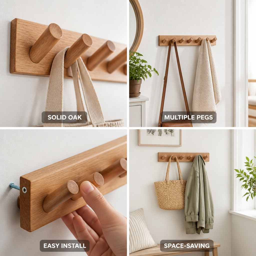 Solid Oak Rounded-Peg Wall Organizer (4- or 5-Peg)