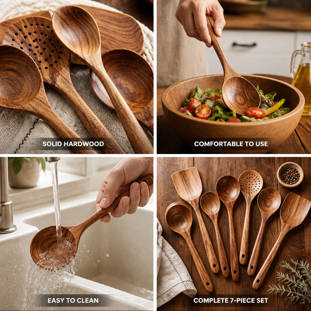 Mineral-Oil Finished Solid Hardwood Utensil Set (7-Piece)