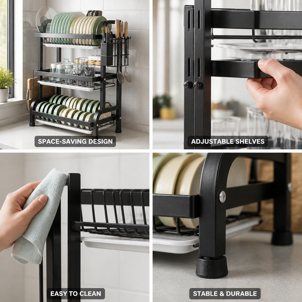 Space-Saving Vertical Metal Dish Rack (3-Tier, Adjustable Shelves)