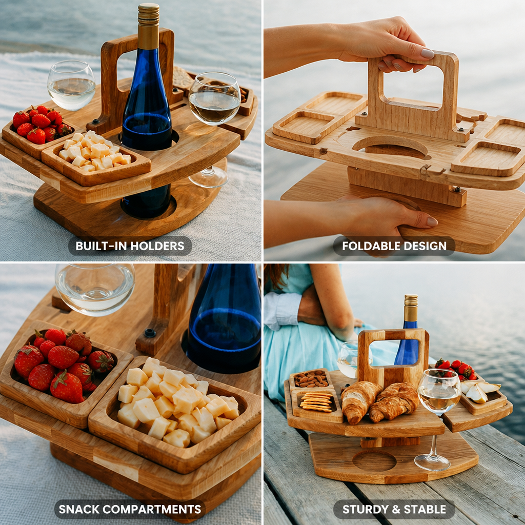 Wood-Grain Foldable Outdoor Table With Built-In Drink Holders (4 Snack Compartments)