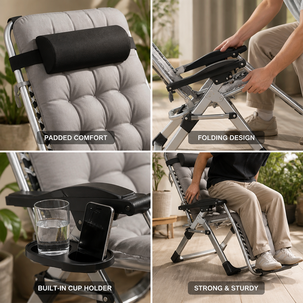 Padded Folding Beach Lounge Chair with Cup Holder