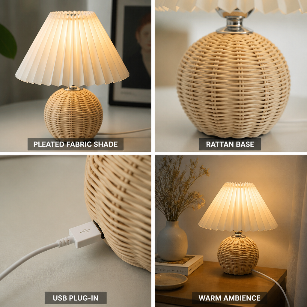 Pleated Fabric Shade & Rattan Base Table Lamp (USB Plug-In)