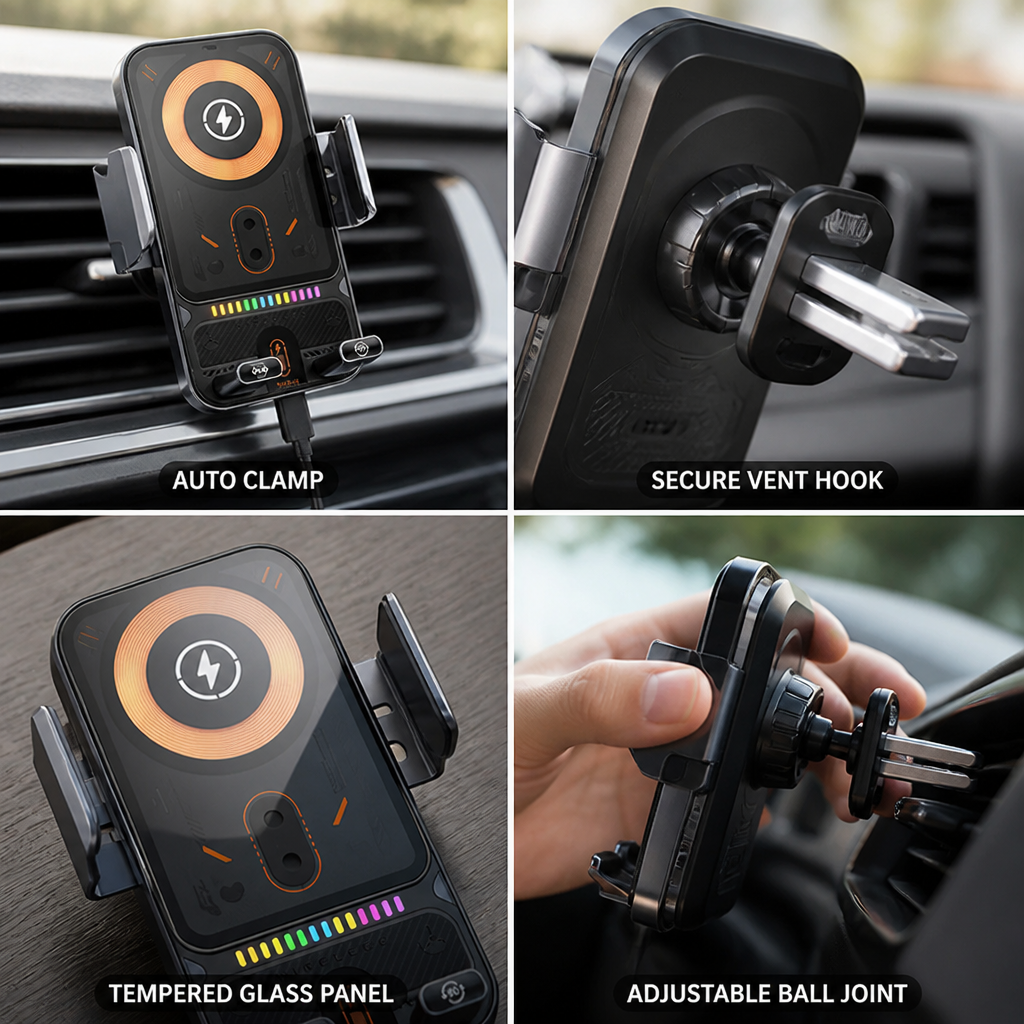 Auto-Clamp Vent Clip Car Phone Mount with Tempered Glass