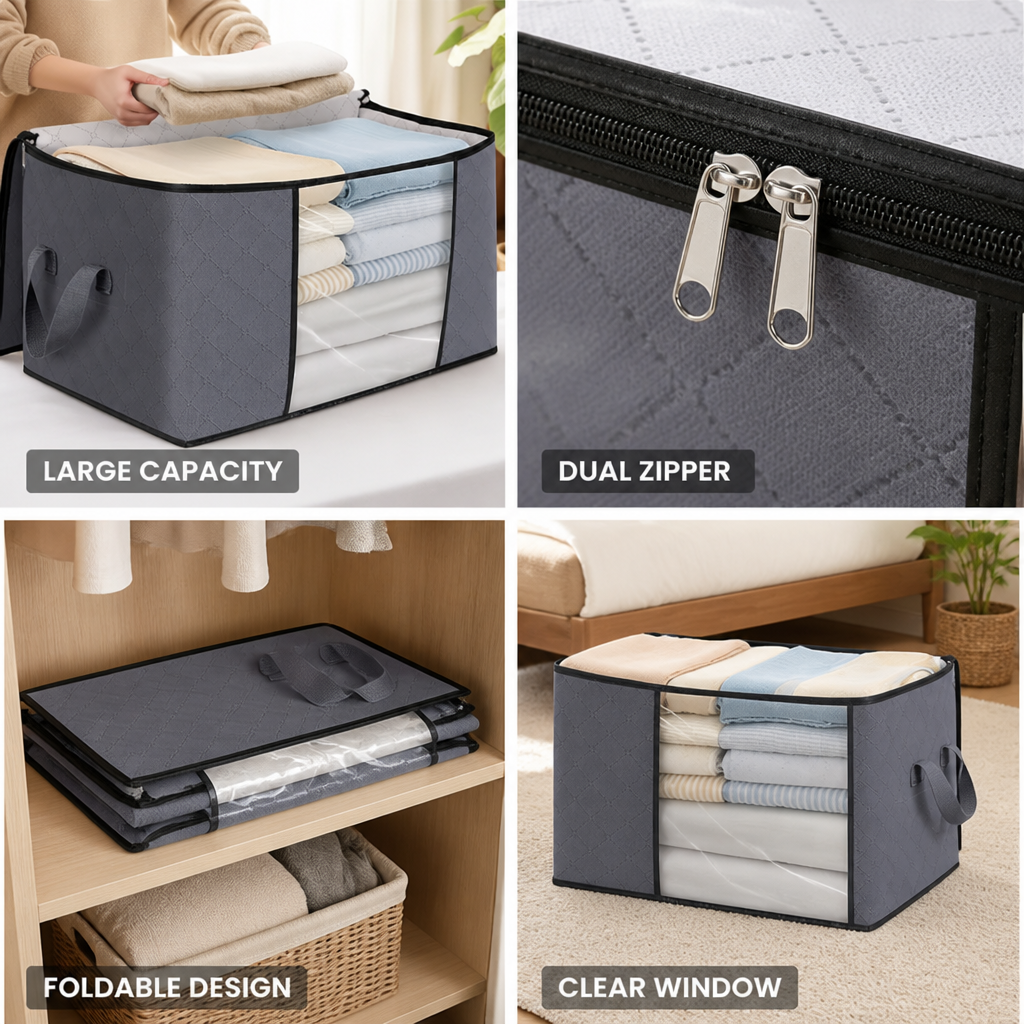Foldable Dual-Zip Storage Organizer (Transparent Window)