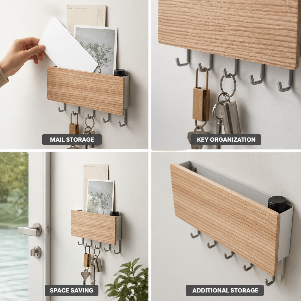 Natural Wood Wall-Mounted Key & Mail Organizer