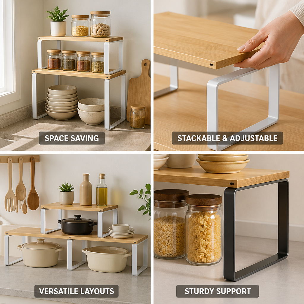 Stackable & Adjustable Metal Kitchen Shelf Organizer (Engineered Wood Shelves)