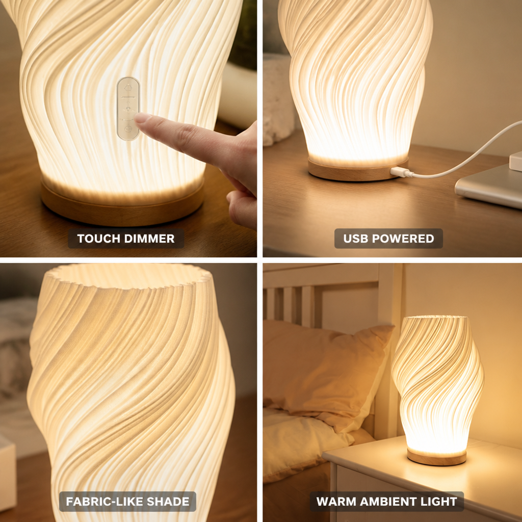 Fabric-Look Wave-Shaped Table Lamp (USB Powered, Touch Dimmer, Metal Base)