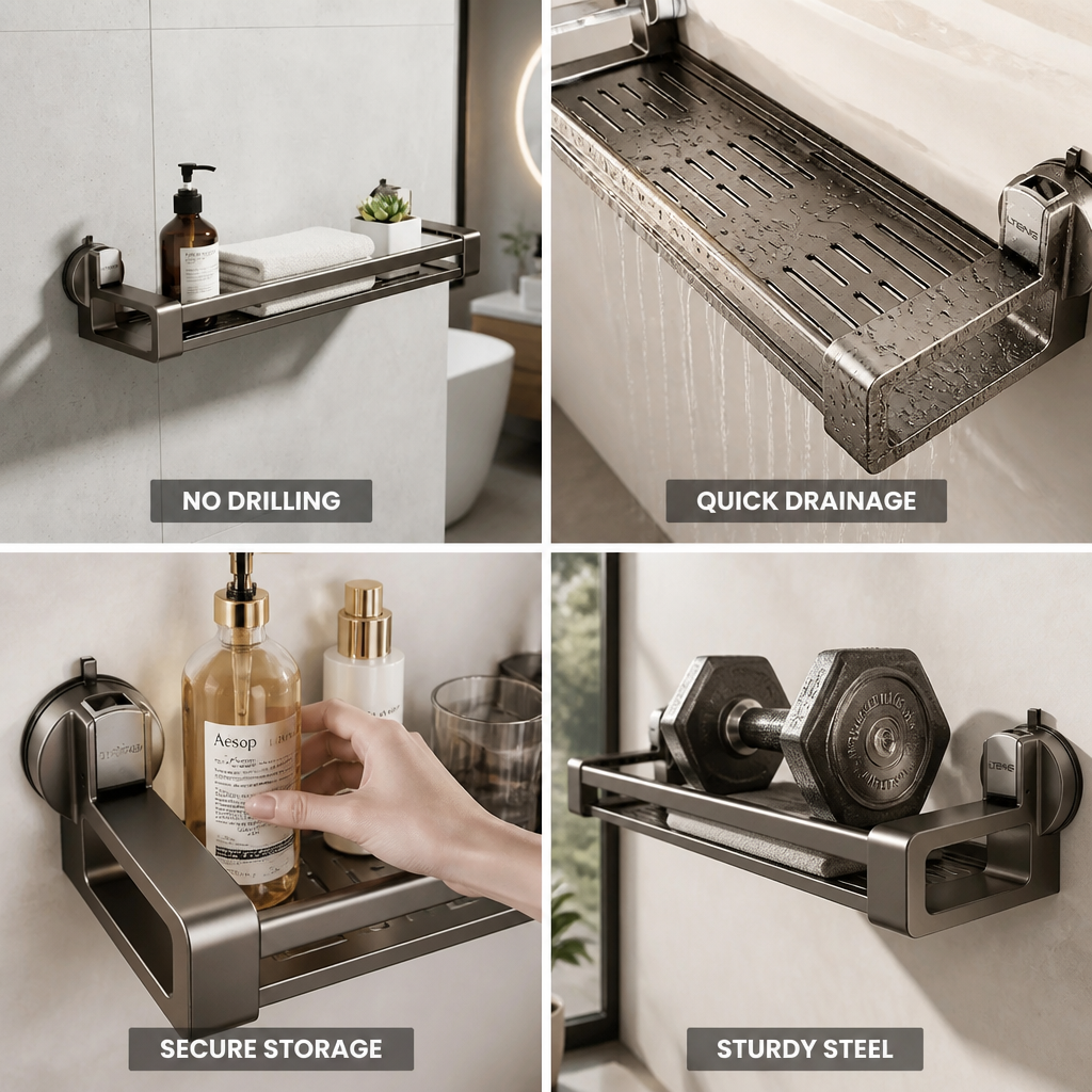 Steel Suction-Cup Bathroom Organizer Shelf (30 cm)