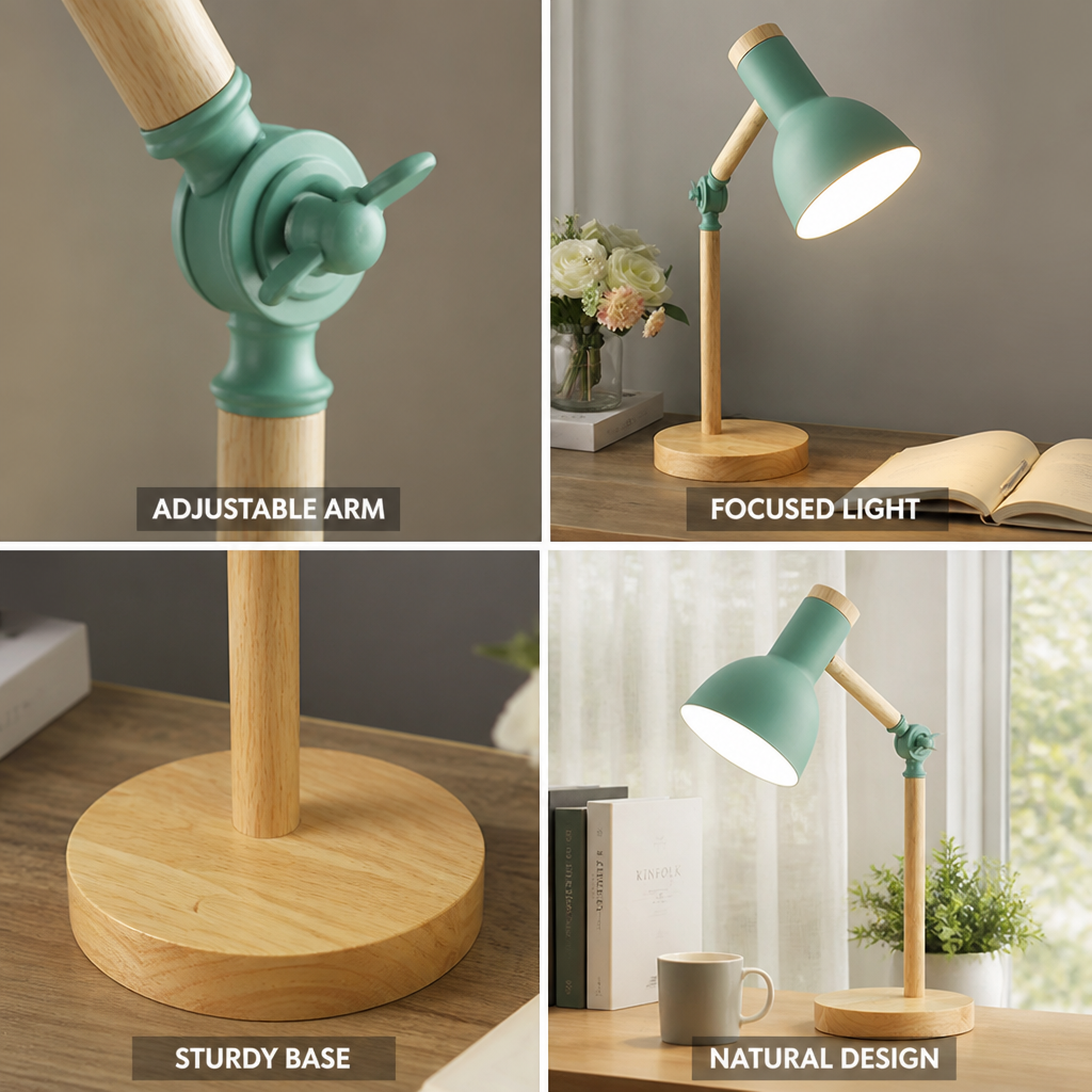 Adjustable Arm Wooden Desk Lamp with Metal Shade