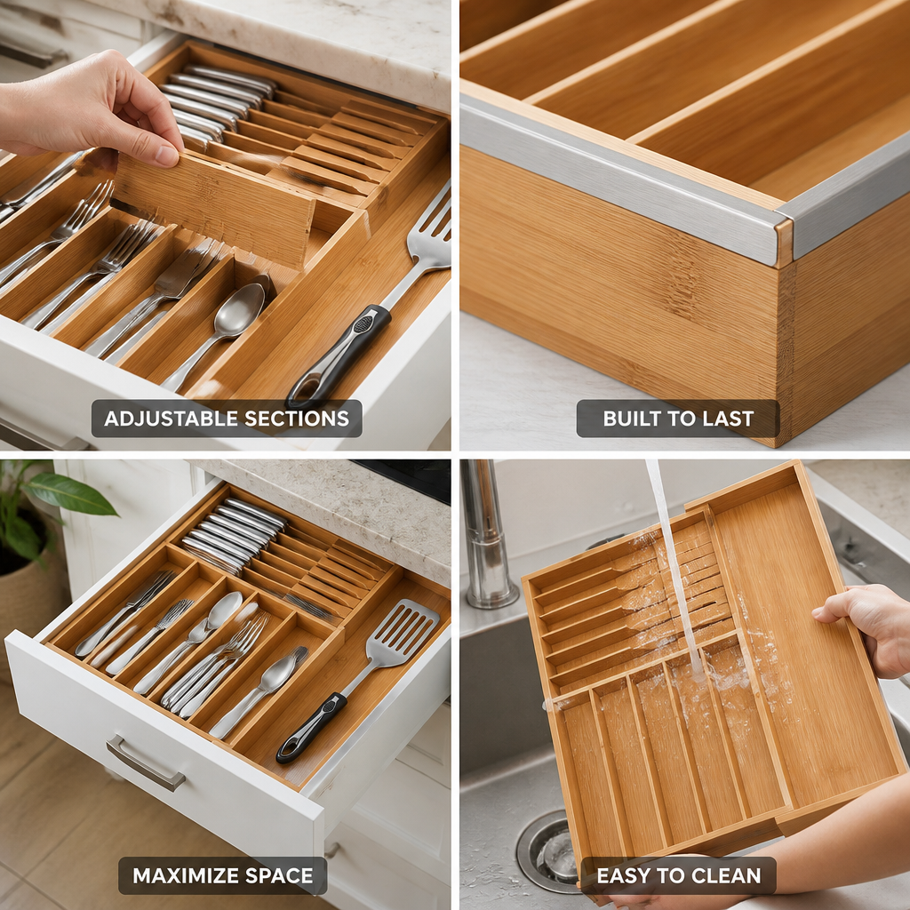 Bamboo Adjustable-Section Drawer Organizer