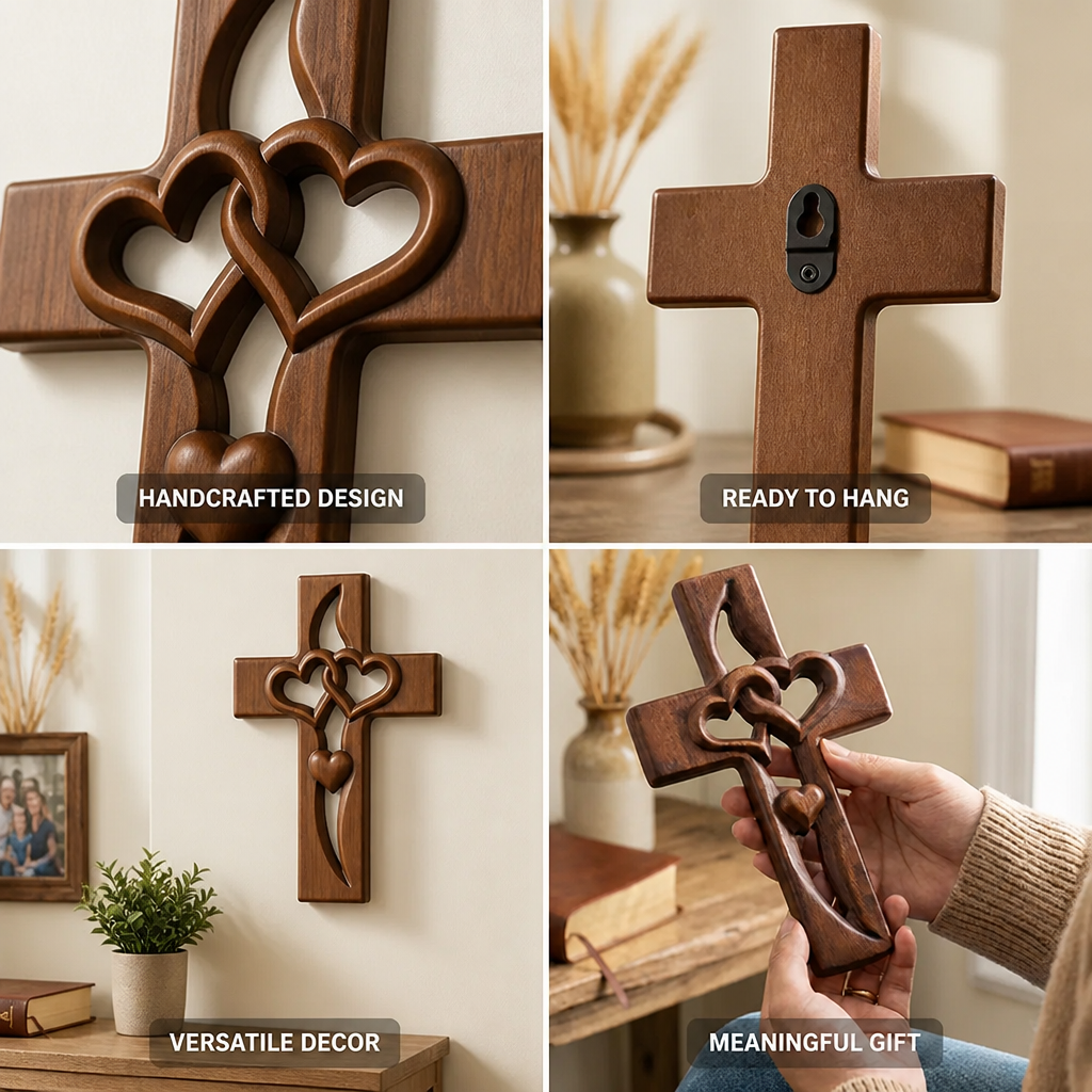 Handcrafted Wood Wall Cross with Intertwined Hearts (Ready-to-Hang)