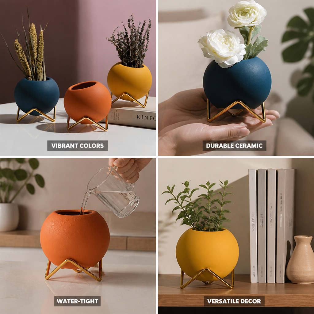 Vibrant Abstract Ceramic Planter Pot with Galvanized Steel Stand