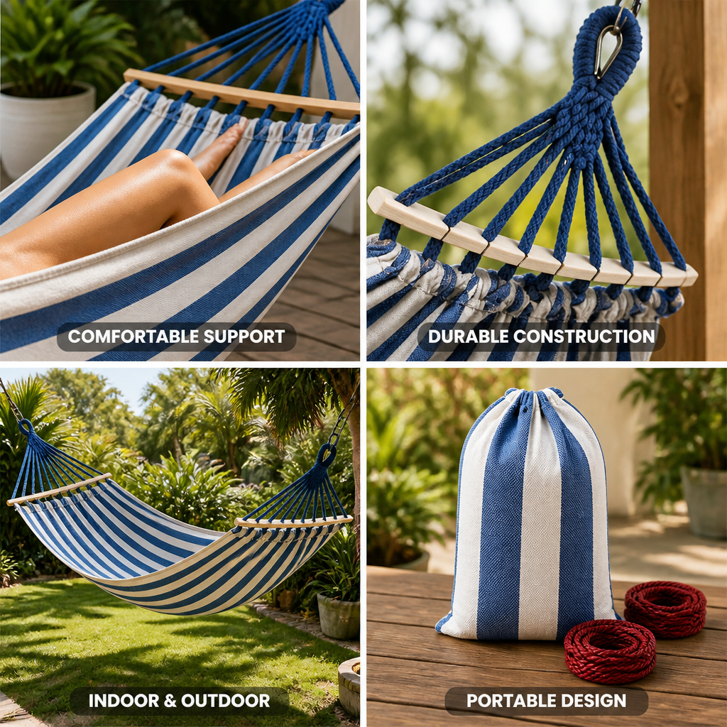Canvas Camping Hammock with Curved Wooden Spread Bars