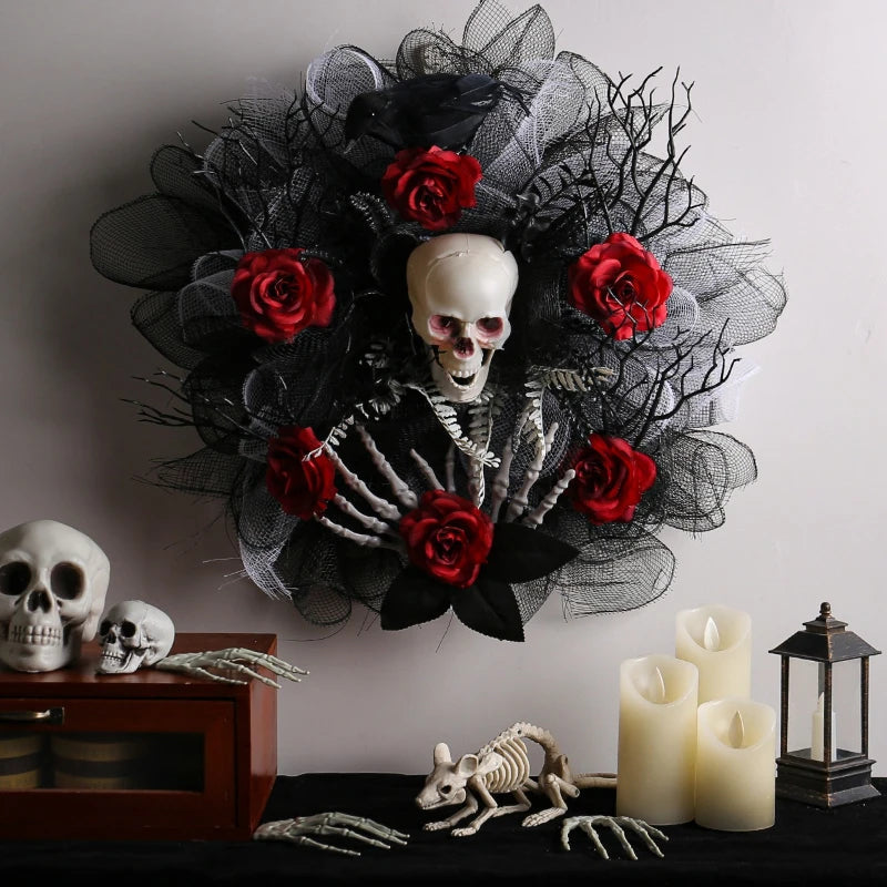 Gothic Elegance Halloween Rose and Skull Door Wreath