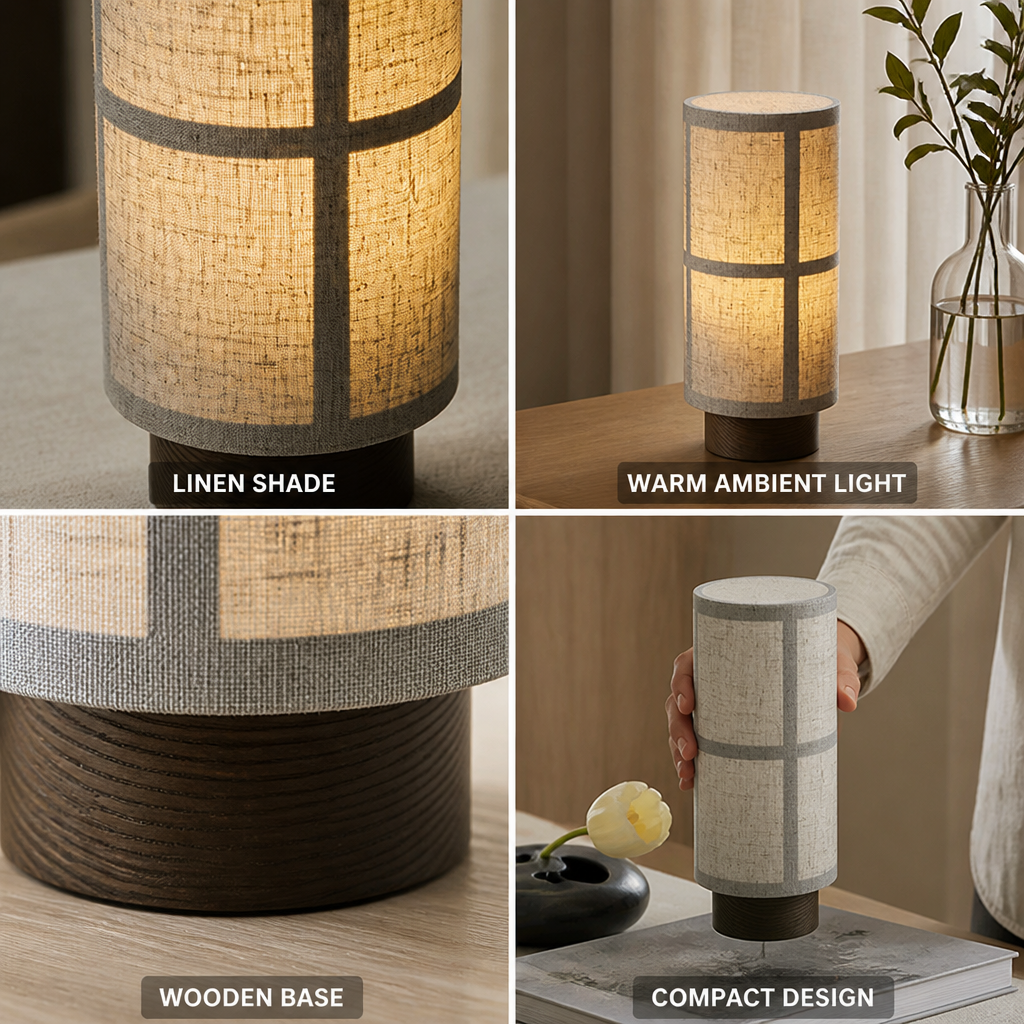 Cross-Pattern Linen Shade & Wood Base Table Lamp