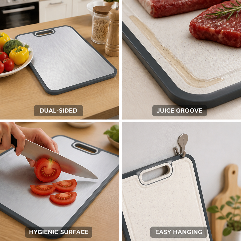 Dual-Sided Metal-Top & Juice-Groove Cutting Board (Hanging Hole)
